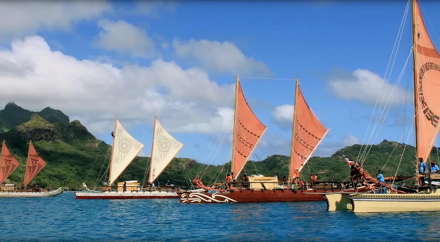 A fleet of voyaging waka under sail