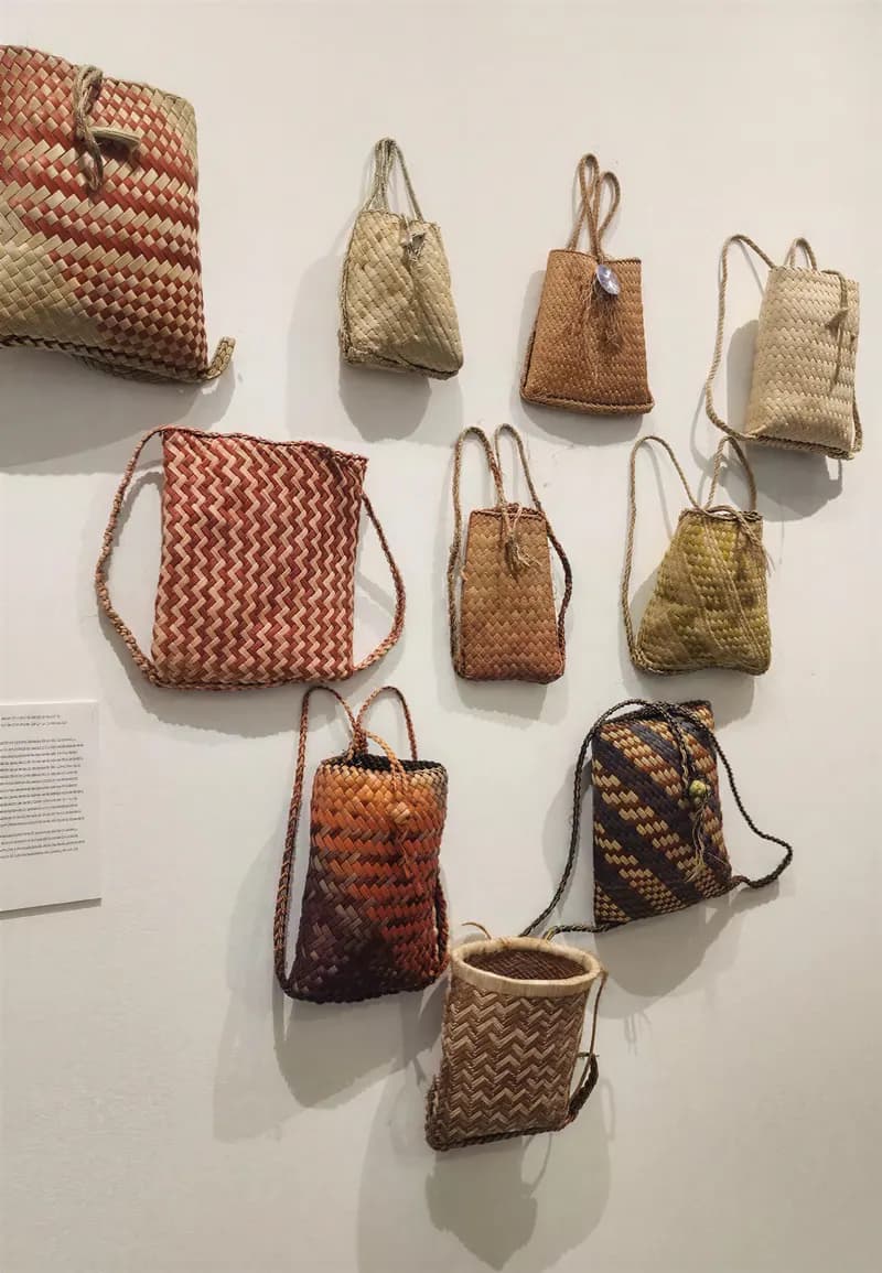 Hand-woven bags laid out together
