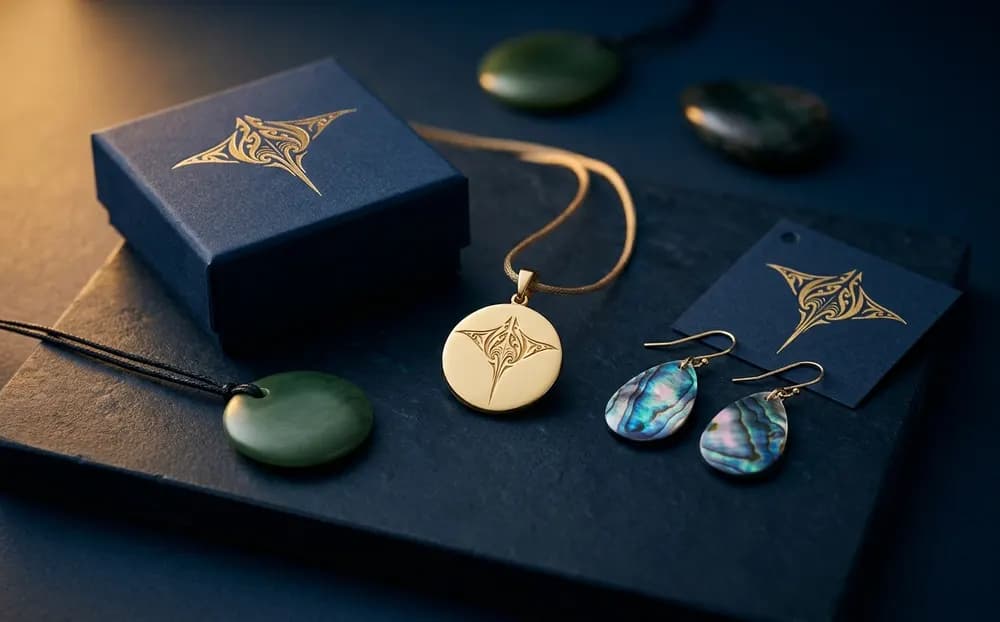 Gold pendant, pāua earrings and pounamu on slate
