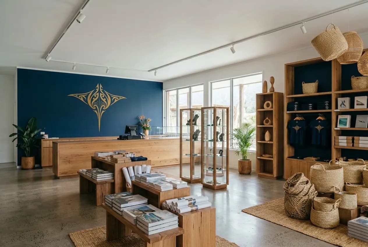 The KAIVAI store, with the gold whai on a navy wall