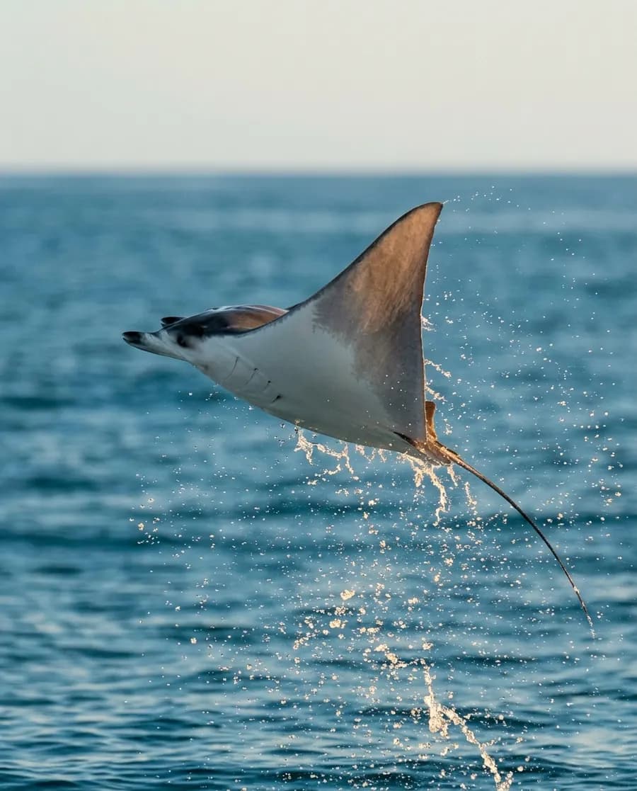 A stingray leaping from the sea in golden light
